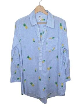 Violet Sky Blue White Pinstripe Pineapple Popover V-neck Top Size Large